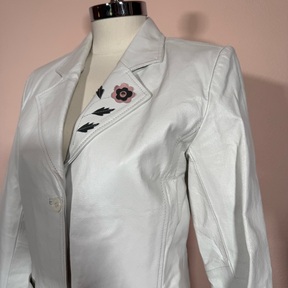 Vintage White Leather feminine appliqué Flower festival jacket Blazer Y2K medium - Picture 7 of 17